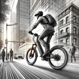 drawing of a guy riding his bike in the city